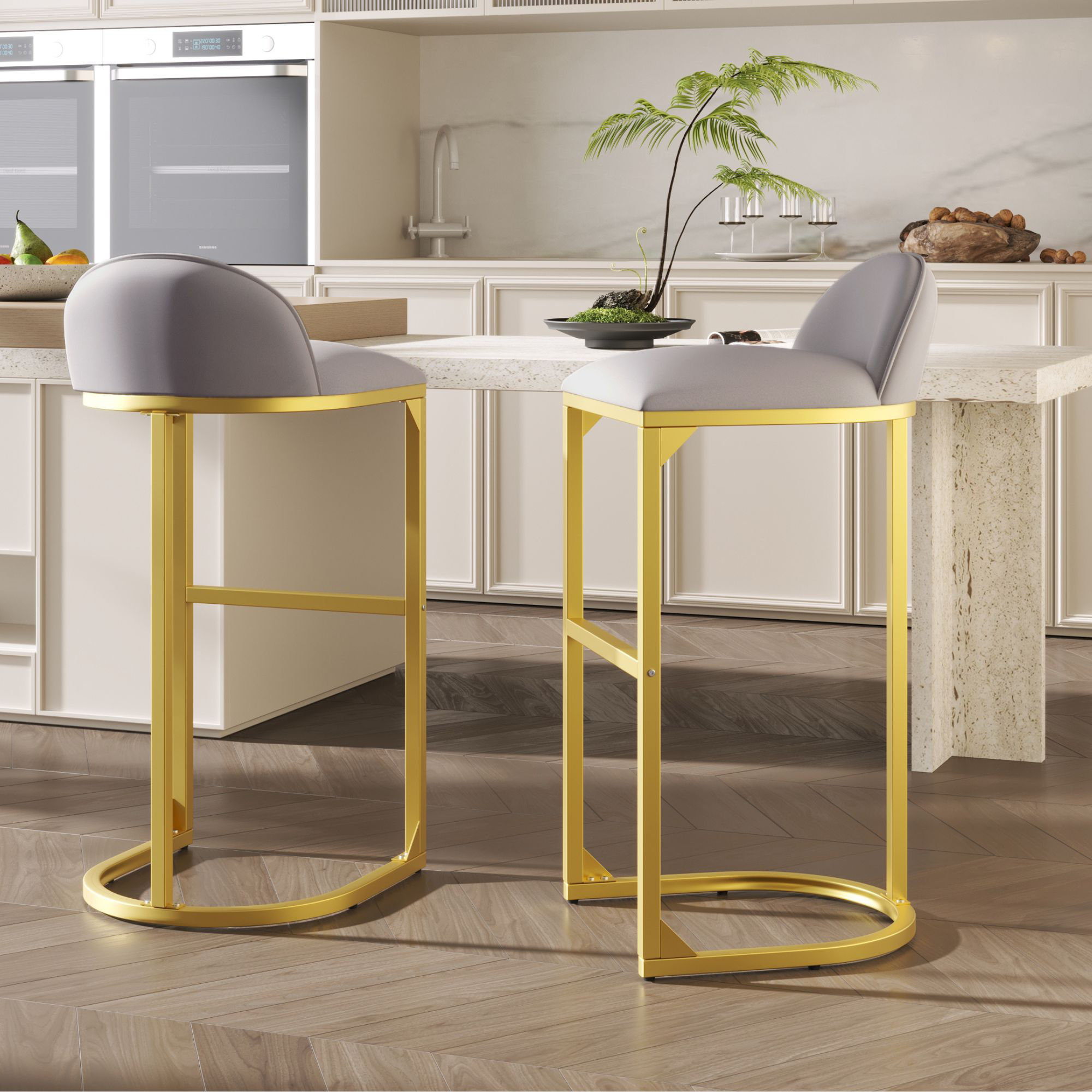 Mercer41 Velvet Upholstered Bar Stool Set With Gold Metal Frame Footrest Modern Design 2 Piece Bar Chairs Luxury Counter Stools For Dining Room Kitchen Island Bar Wayfair